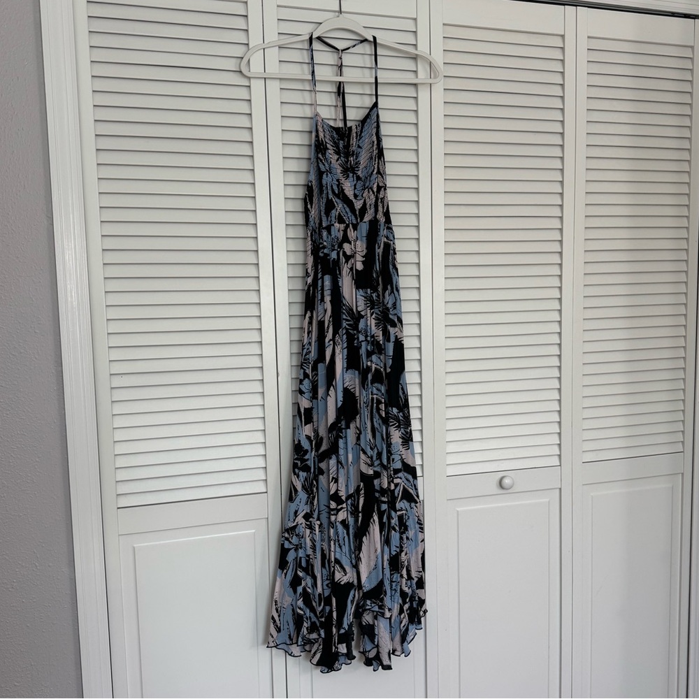Free People Sleeveless Halter Smocked Patterned Maxi Dress Ruffled Napkin Hem S